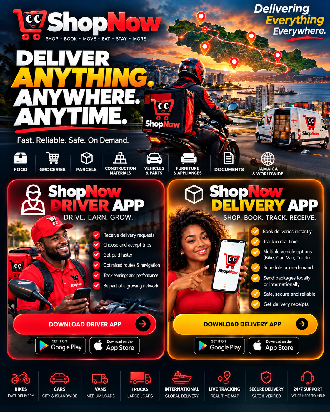 SHOP NOW delivery β motorcycle courier, delivery van and route map over Jamaica