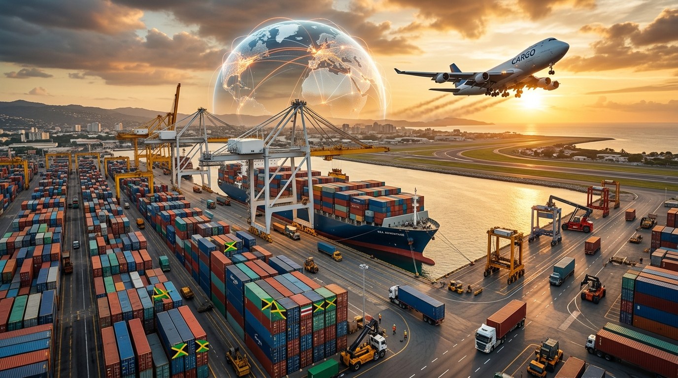 International container port with cargo ship, freight aircraft and trucks